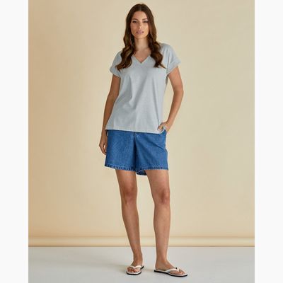 Tracy V-Neck Tee - Black/White Stripe