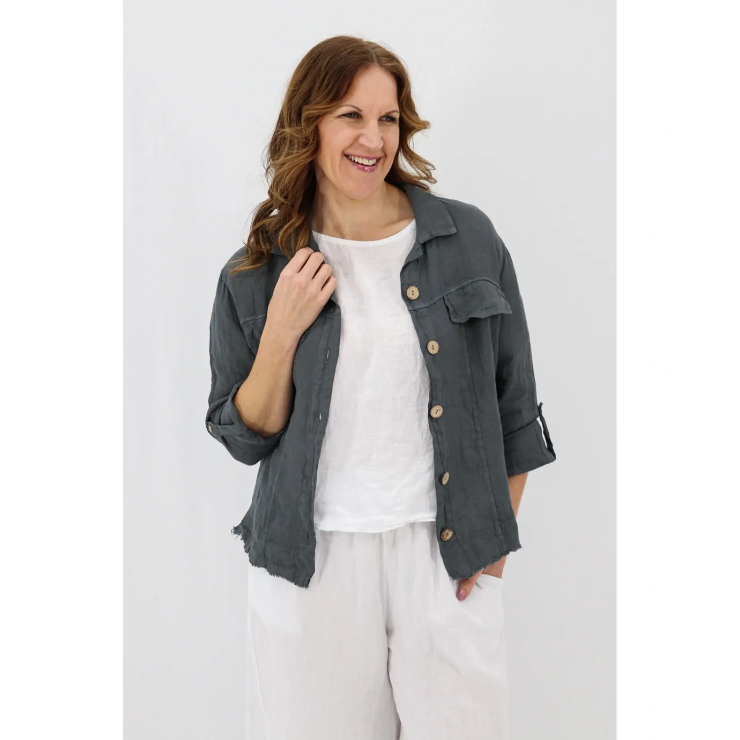 Roma Linen Shirt Jacket, Size: S/M, Colour: Dark Slate