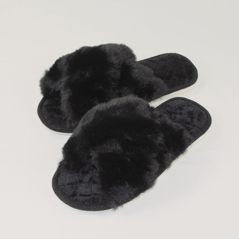 Classic Cross Plush Slippers - Black