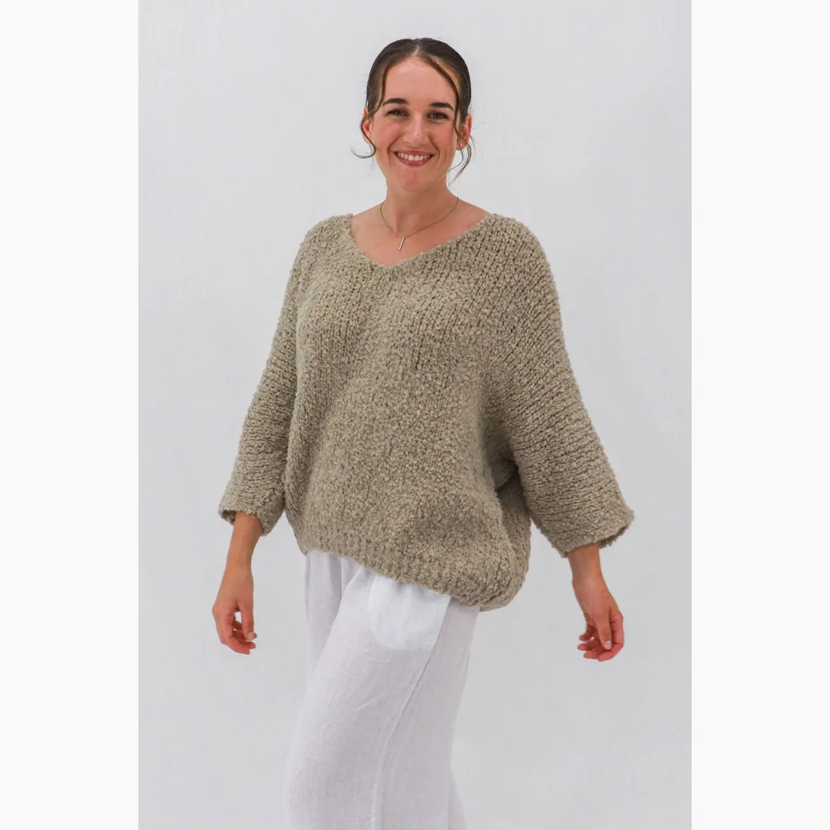 Caro V-Neck Bouclé Sweater, Colour: Natural, Size: OS