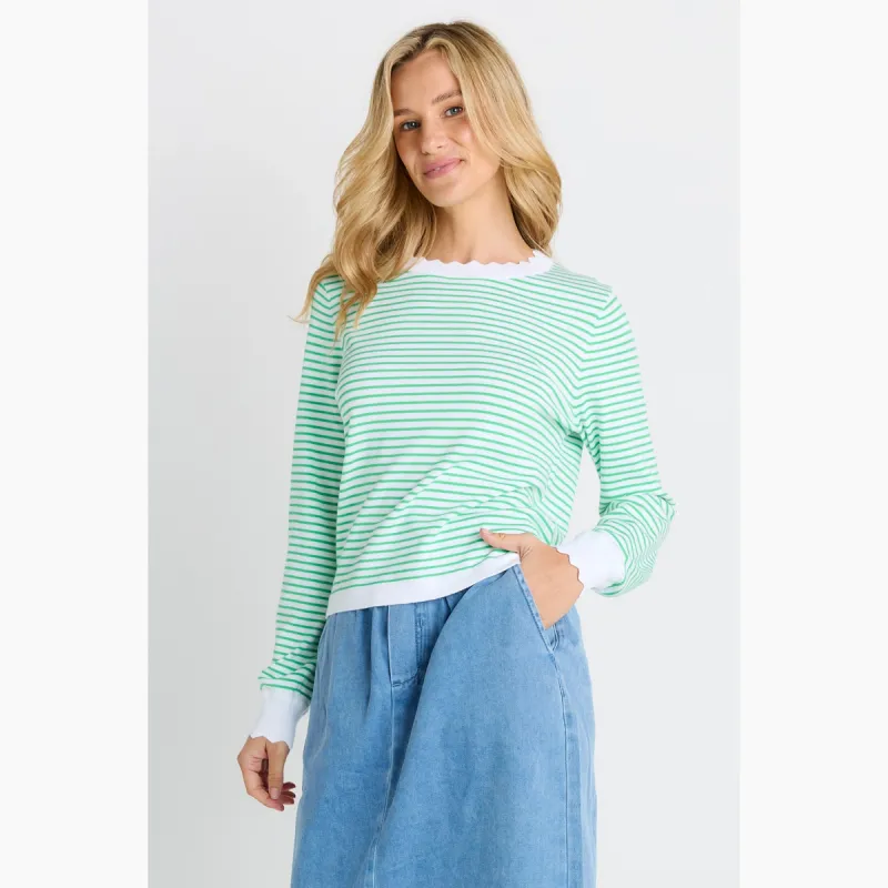 Scallop Knit Sweater - Green Stripe