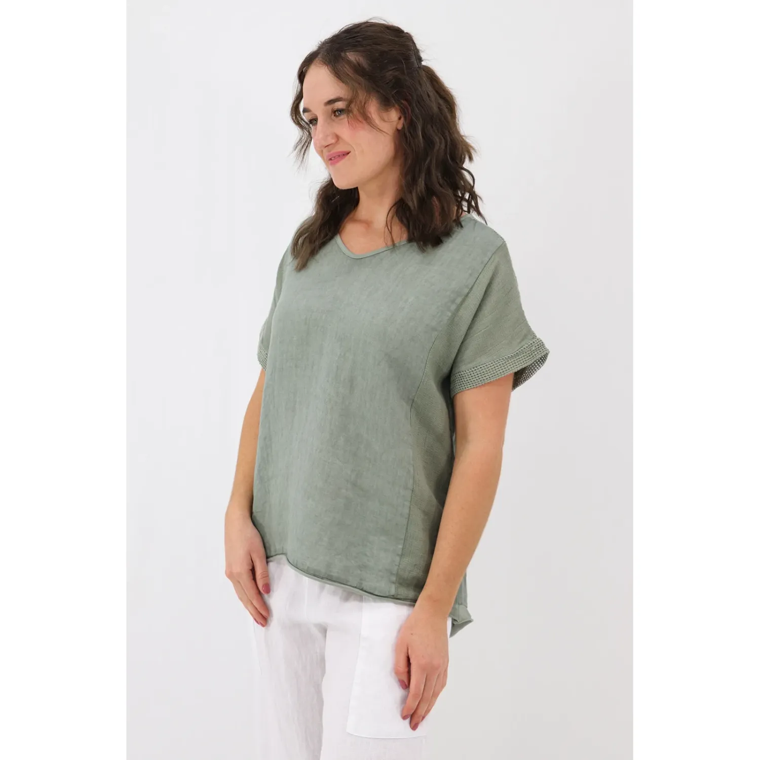 Avena Mesh Detail Top, Colour: Khaki, Size: S/M