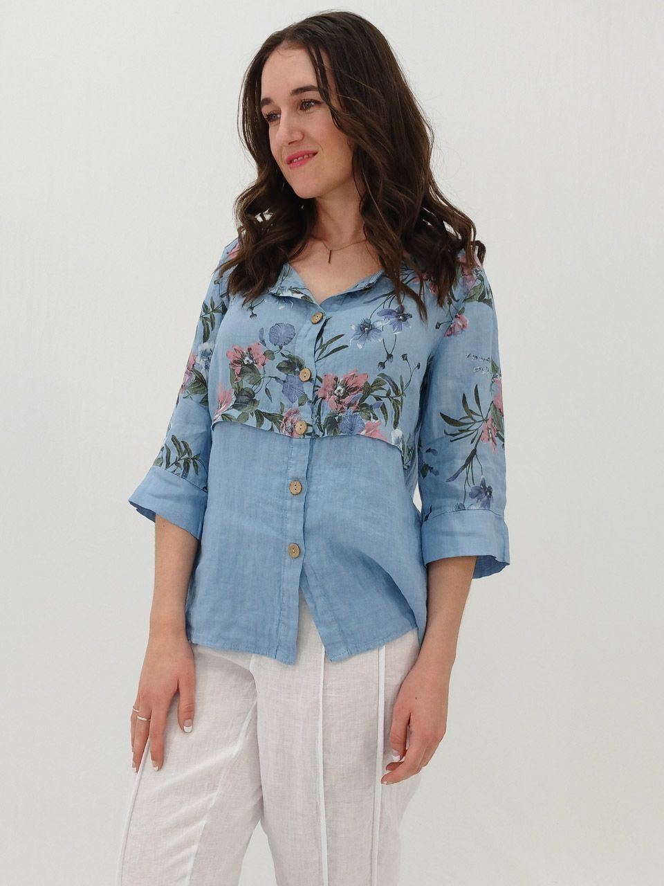 Matilda Shirt - Wildflower $175, Colour: Denim Wash, Size: S/M