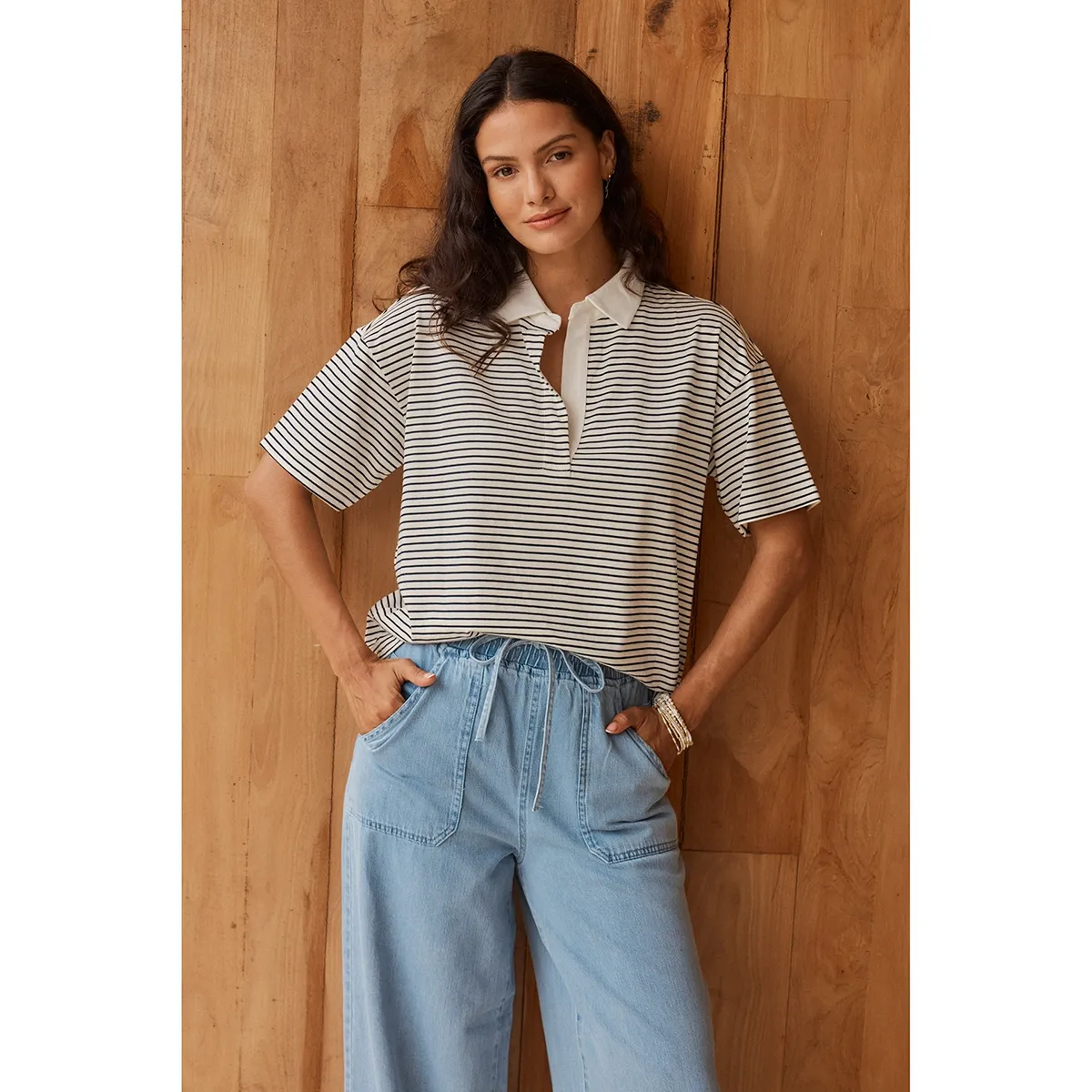 Freddy Polo Top - White/Navy Stripe
