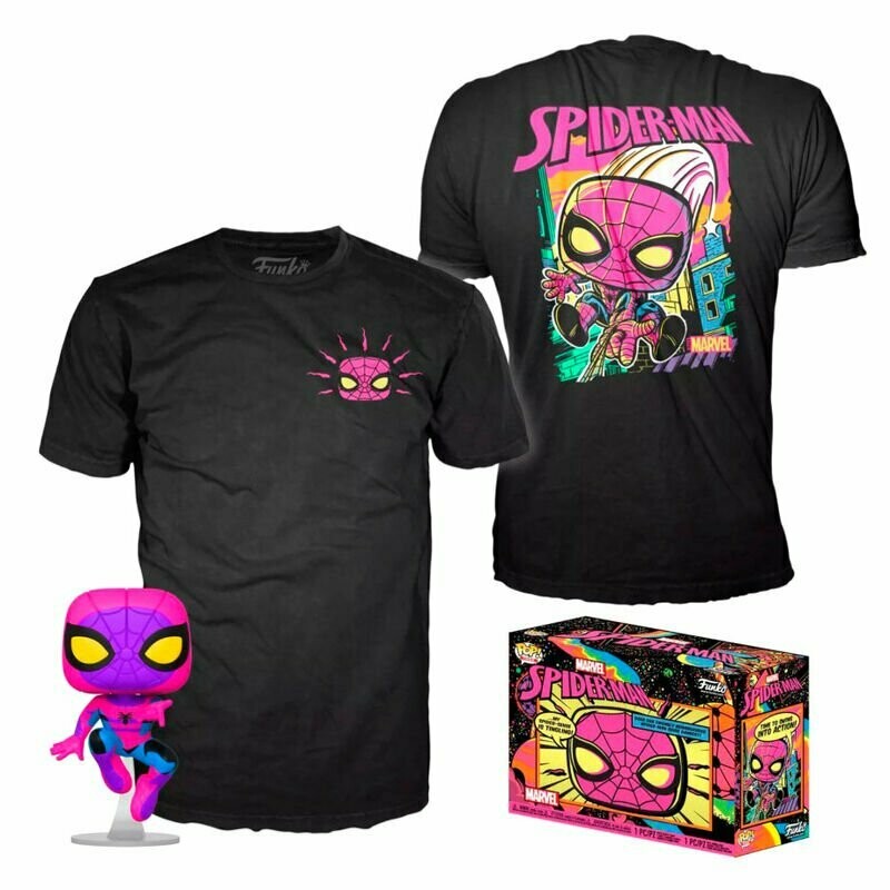 SpiderMan Black Light Funko Pop + Camiseta! MARVEL SpiderMan