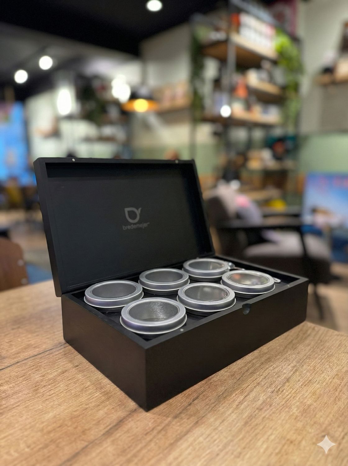 Theedoos bamboe met 6 blikjes en theemaatlepel