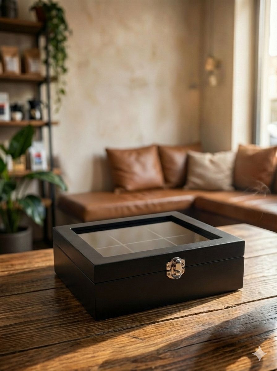 Theedoos 6 of 9-vaks met venster Bamboe, zwart