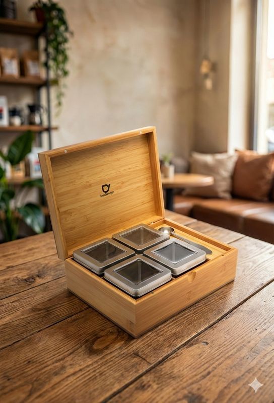 Theedoos bamboe met 4 blikjes en theemaatlepel