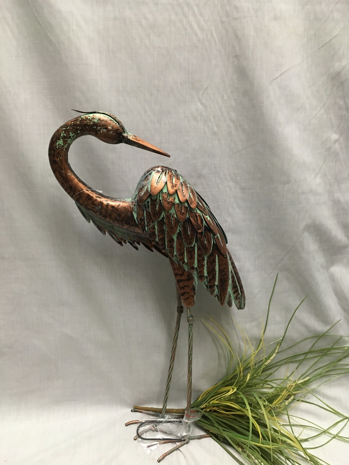 Antiqued Green/Brass Standing Heron - 24" - Looking Back - Metal Garden Decor - Includes stake peg