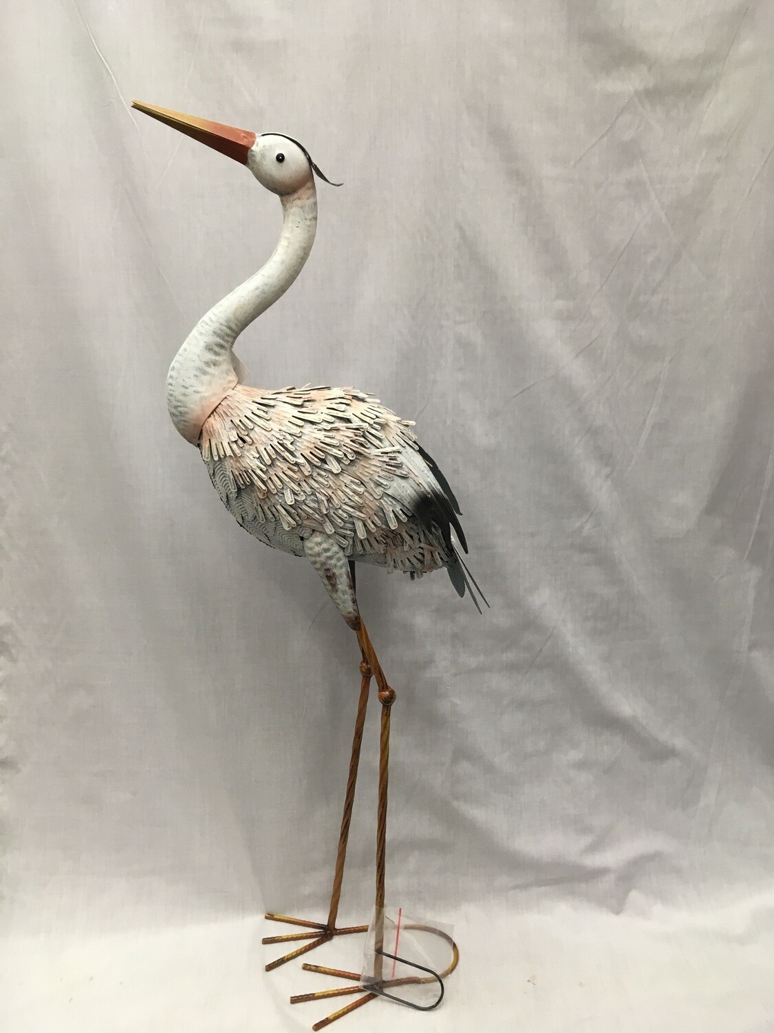 White Standing Heron - 36" tall - Painted Metal Garden Decor - Includes stake peg