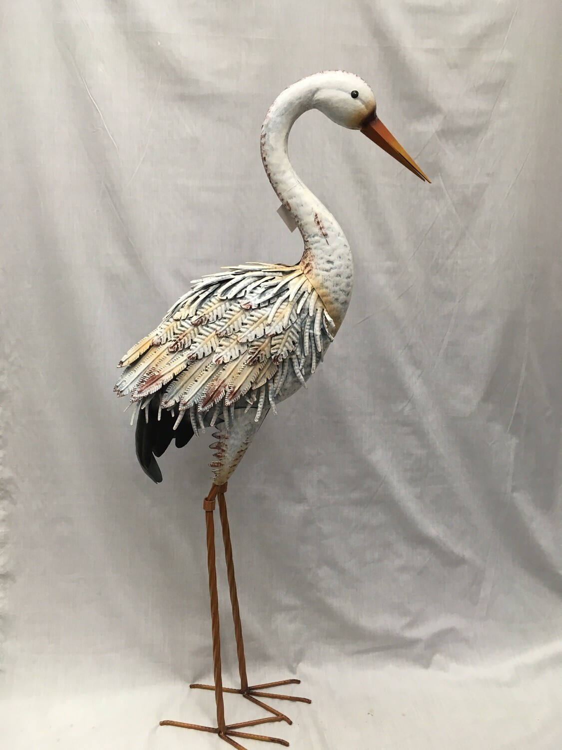 White Standing Heron - 40" tall - Painted Metal Garden Decor - Includes stake peg