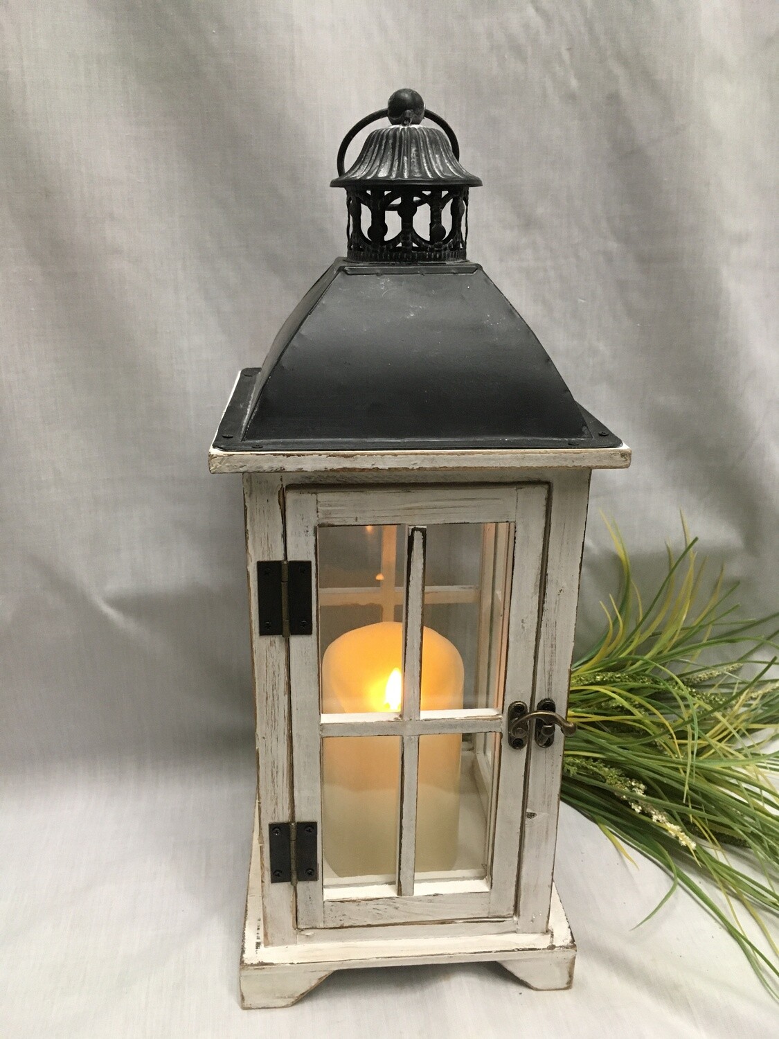 White Antiqued Decorative Lantern - 18" - Wood and Metal with Glass - shown with candle (sold separately) 