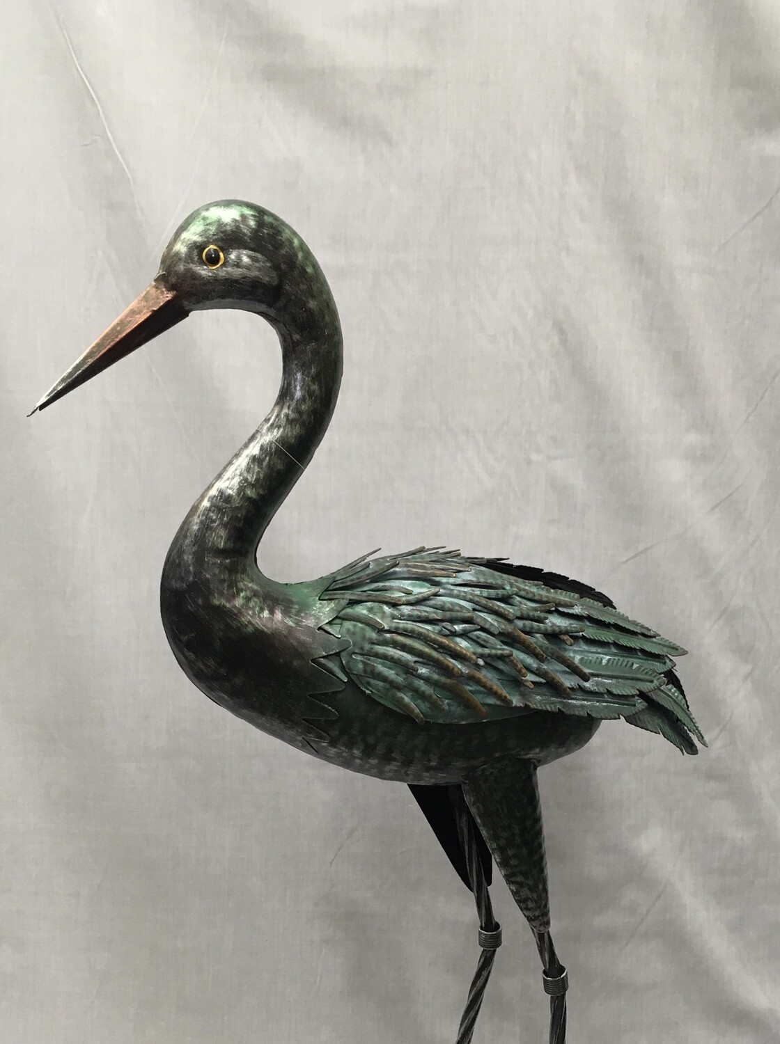 Antiqued Green Standing Heron - 36" tall - Metal Garden Decor - Includes stake peg