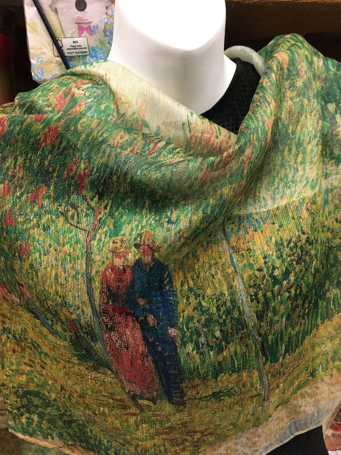 Oil Painting Scarf - 30% Silk - Couple in Park, Monet