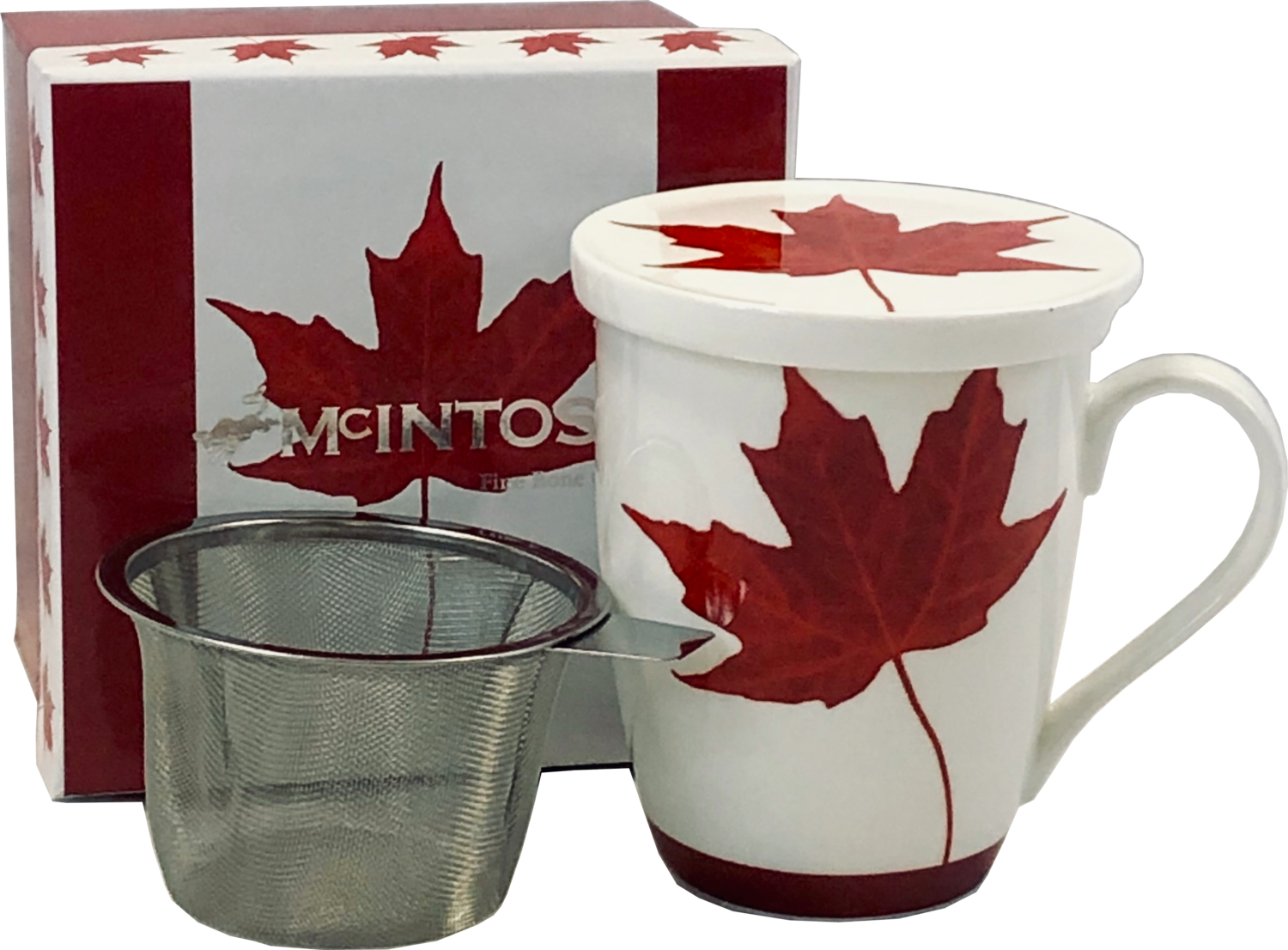 Memories of Canada - White with Red Maple Leaf - Single Fine Bone China Tea Mug/Cup in Collector Box - with Lid and Strainer