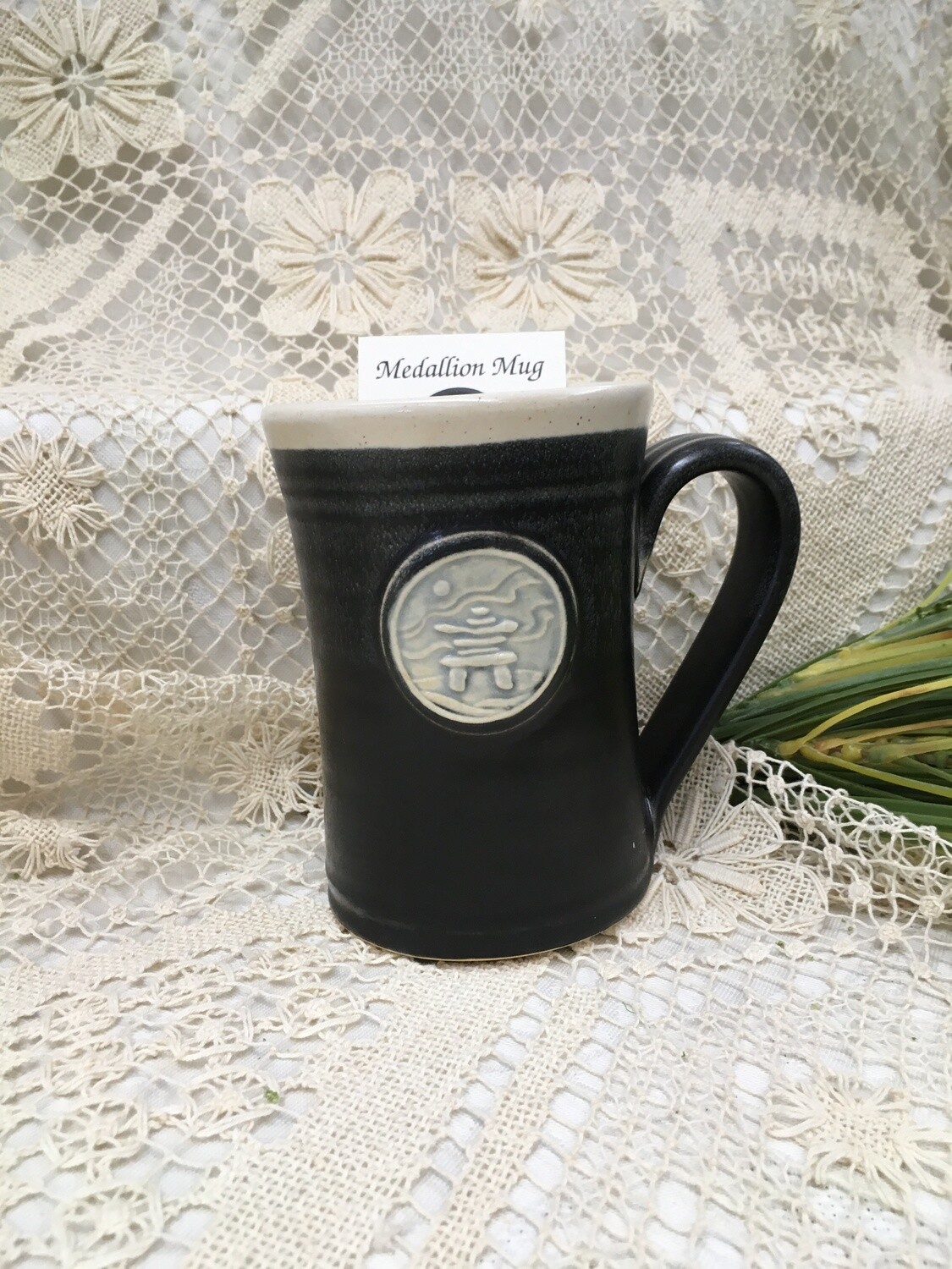Medallion Large Mug, Inuksuk, Black & White  - Pavlo Pottery - Canadian Handmade