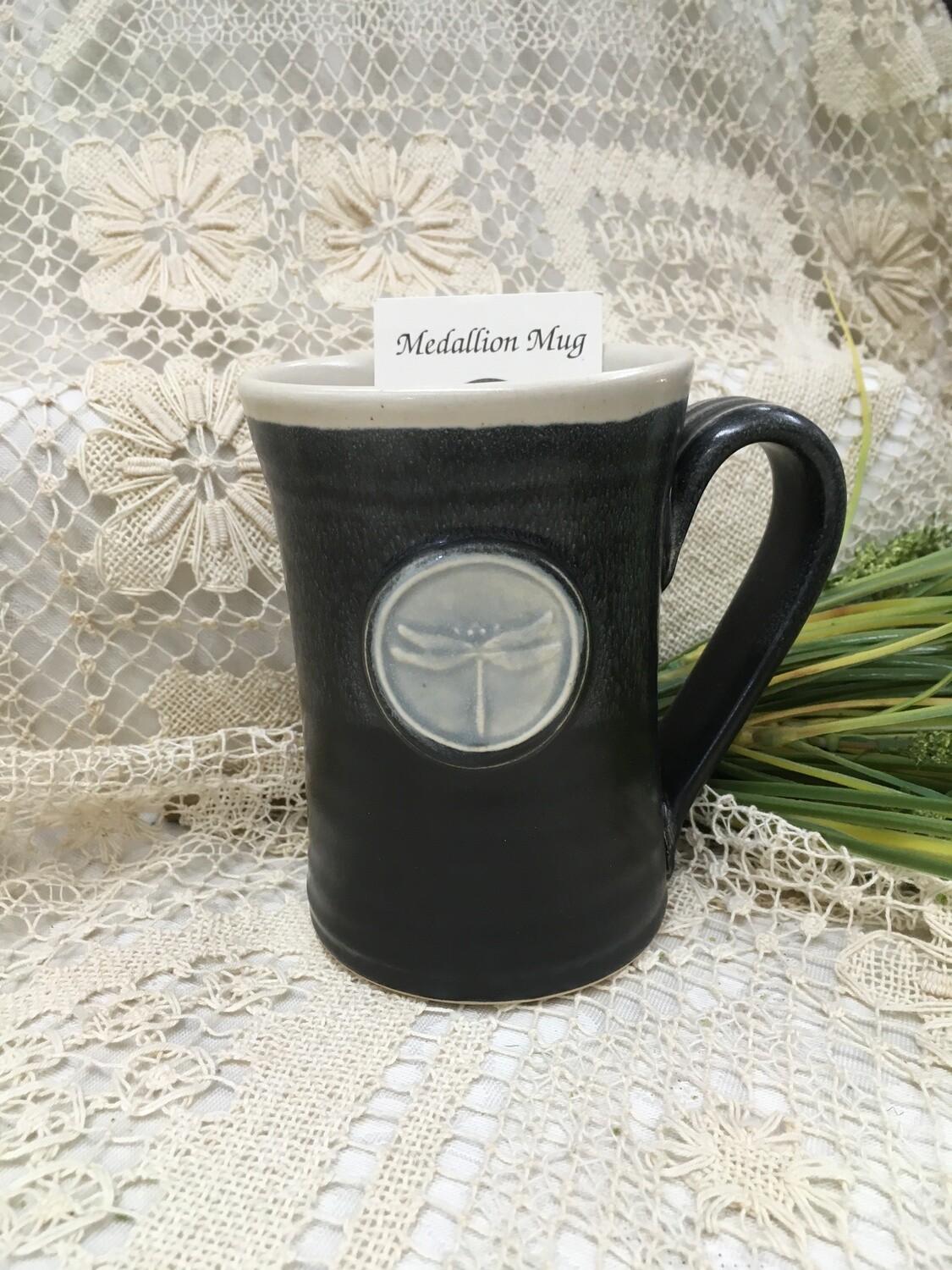 Medallion Large Mug, Dragonfly, Black & White - Pavlo Pottery - Canadian Handmade