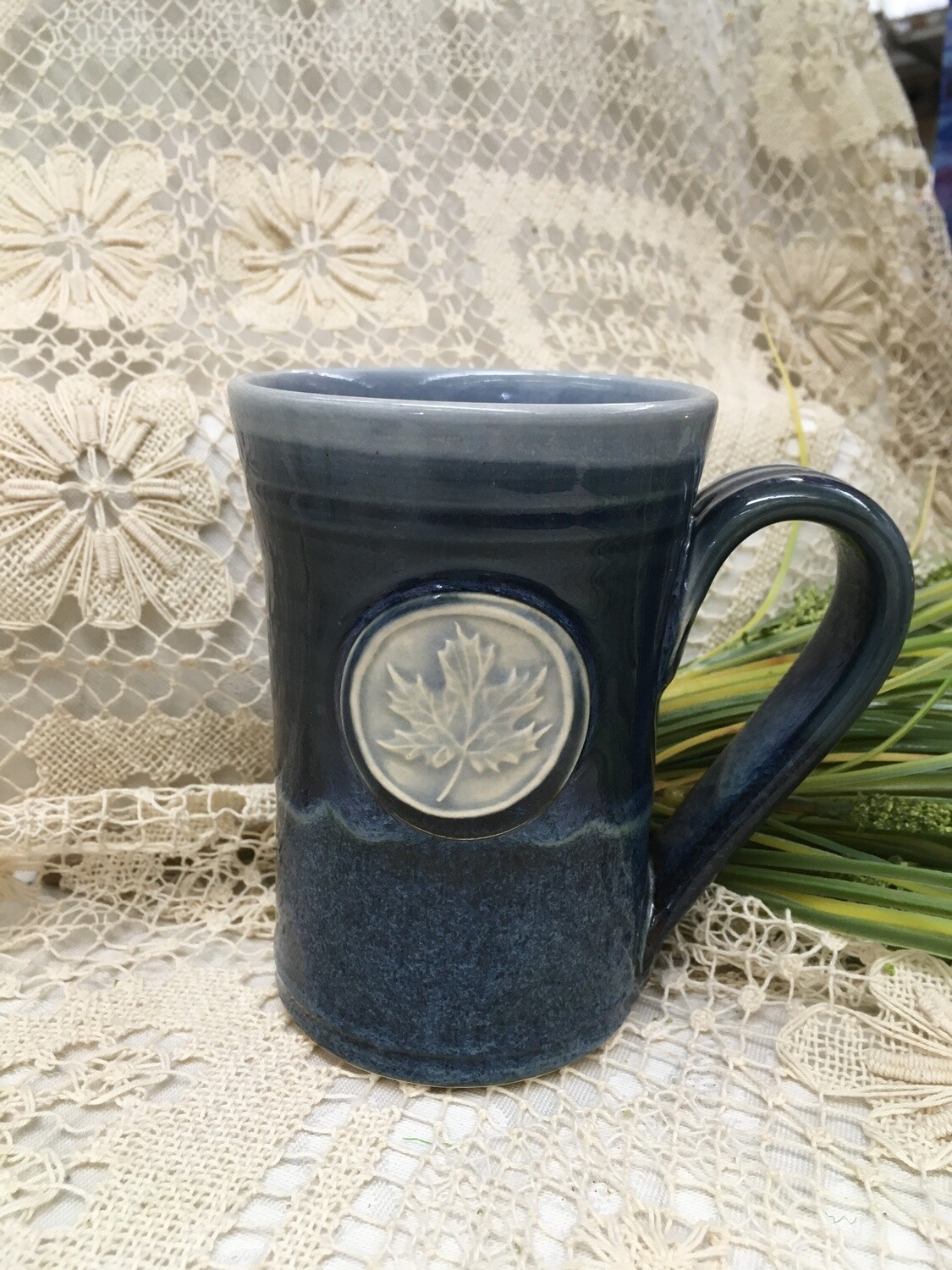 Medallion Large Mug, Maple Leaf, Ocean Blue - Pavlo Pottery - Canadian Handmade