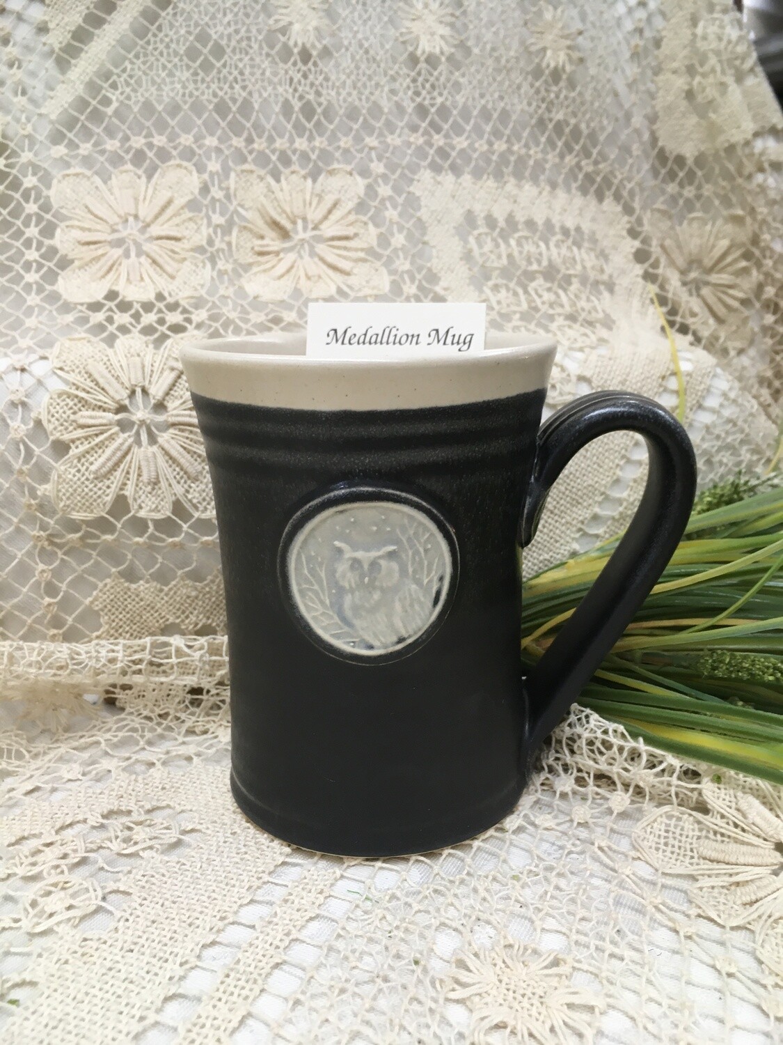 Medallion Large Mug, Owl, Black & White - Pavlo Pottery - Canadian Handmade