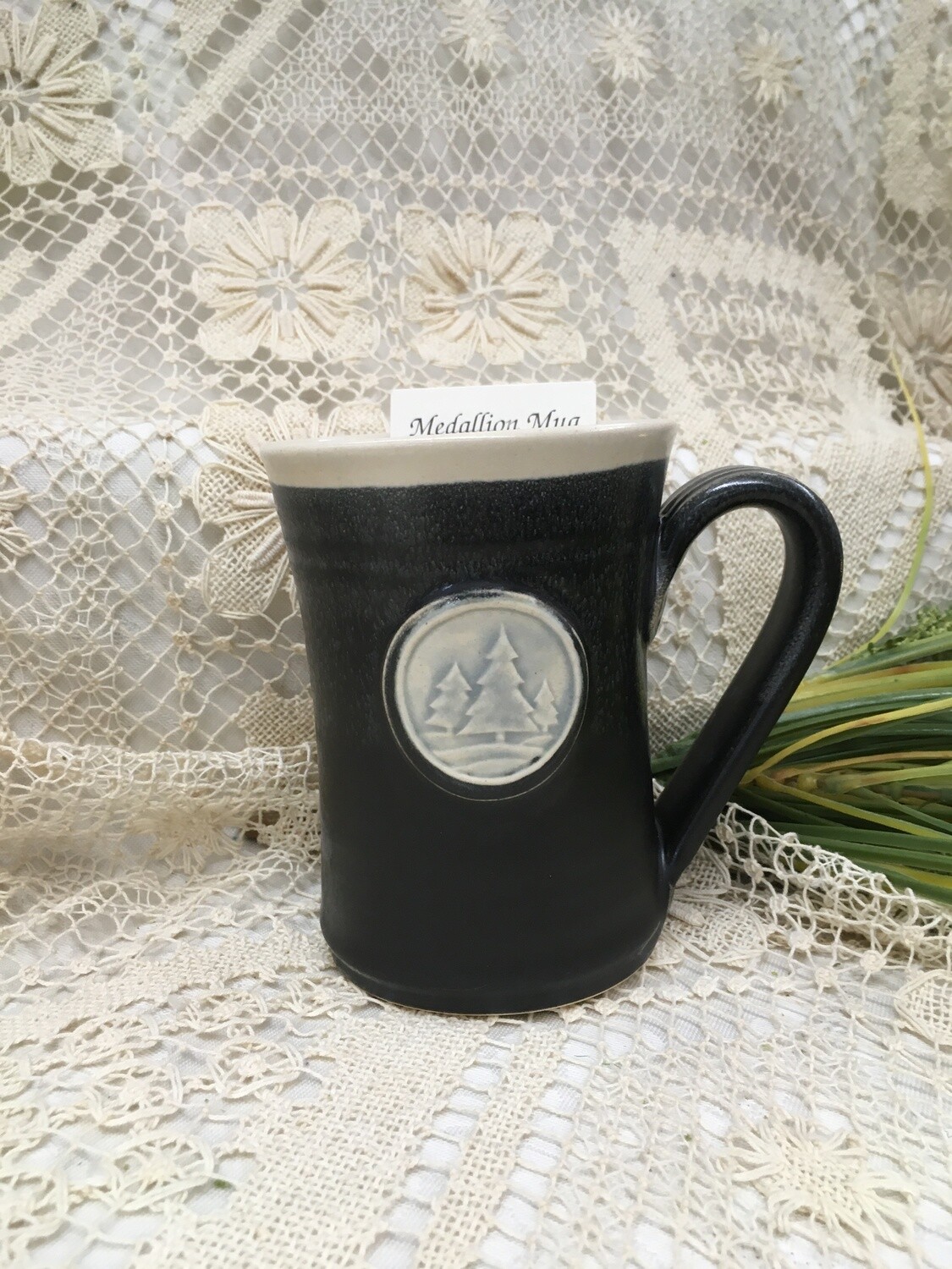 Medallion Large Mug, Pine Trees, Black & White - Pavlo Pottery - Canadian Handmade