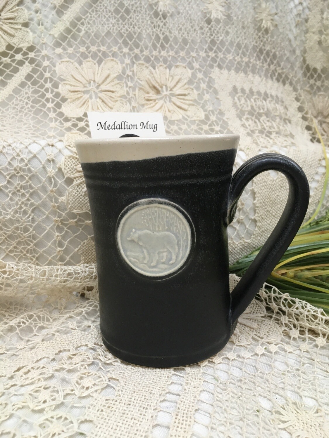 Medallion Large Mug, Bear, Black & White - Pavlo Pottery - Canadian Handmade