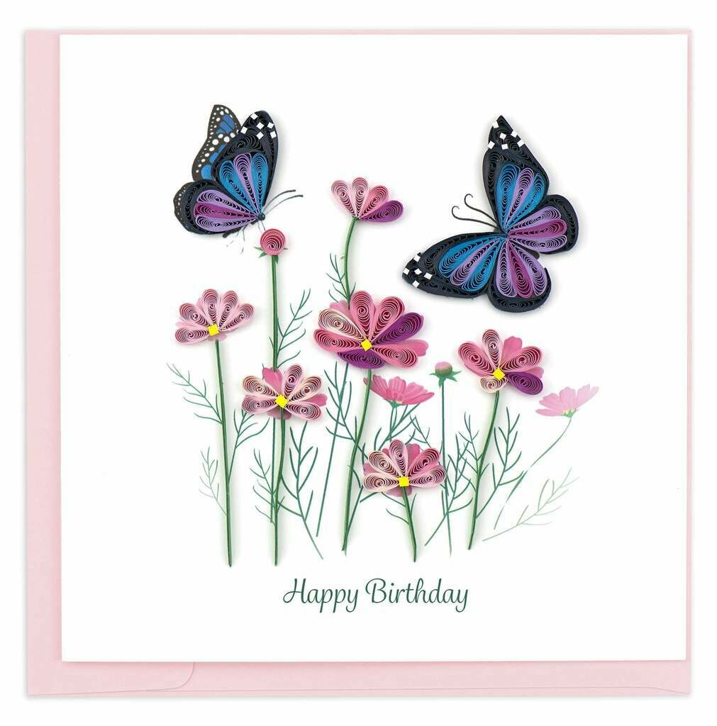 Quilling Card - Birthday Flowers & Butterflies - handcrafted - Blank inside