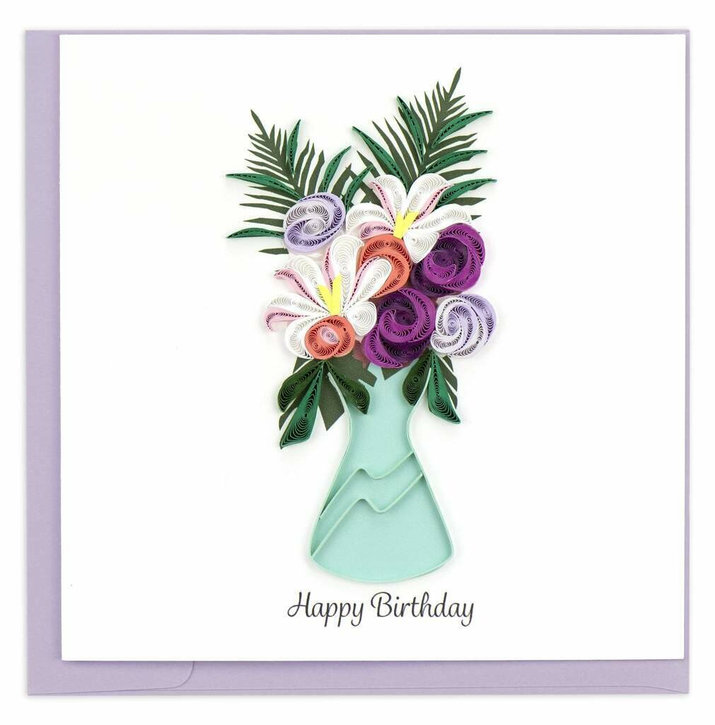 Quilling Card - Birthday Flower Vase - handcrafted - Blank inside