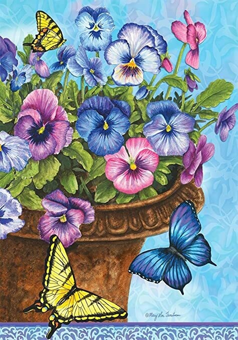 Pansies - in Pot with Butterflies - Garden Flag - 12.5 " x 18"