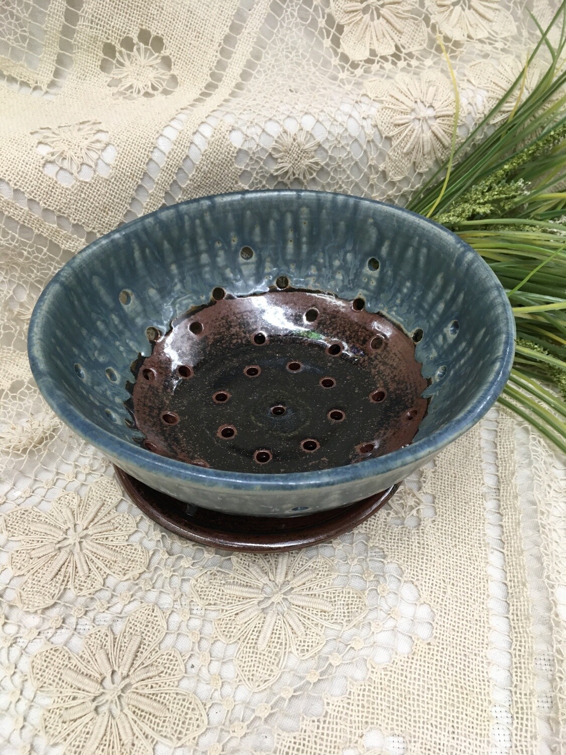 Medium Berry Bowl with plate, Blue Ash - Parsons Dietrich Pottery - Canadian Handmade