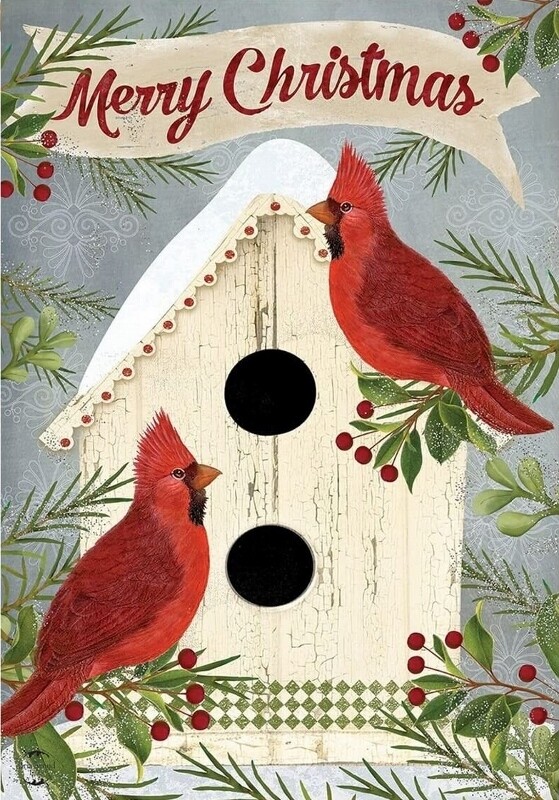Christmas Cardinal Birdhouse - "Merry Christmas" - Garden Flag - Christmas - 12.5 " x 18"
