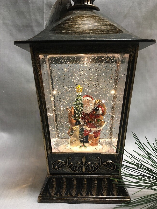 Water Lantern with Santa and Reindeer - Bronze LED - Lights up and Blows glittering Snow