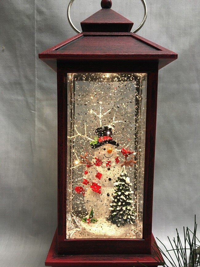 Water Lantern with Snowman Scene - Red LED - 11 inches - Lights up and Blows glittering Snow