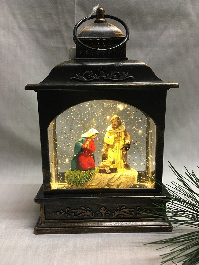 Water Lantern with Nativity Scene - Bronze LED - Lights up and Blows glittering Snow