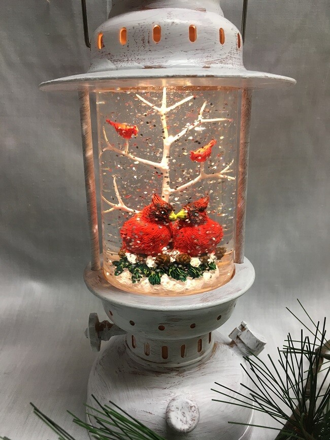Water Lantern with Cardinal Pair and tree - White LED - Lights up and Blows glittering Snow