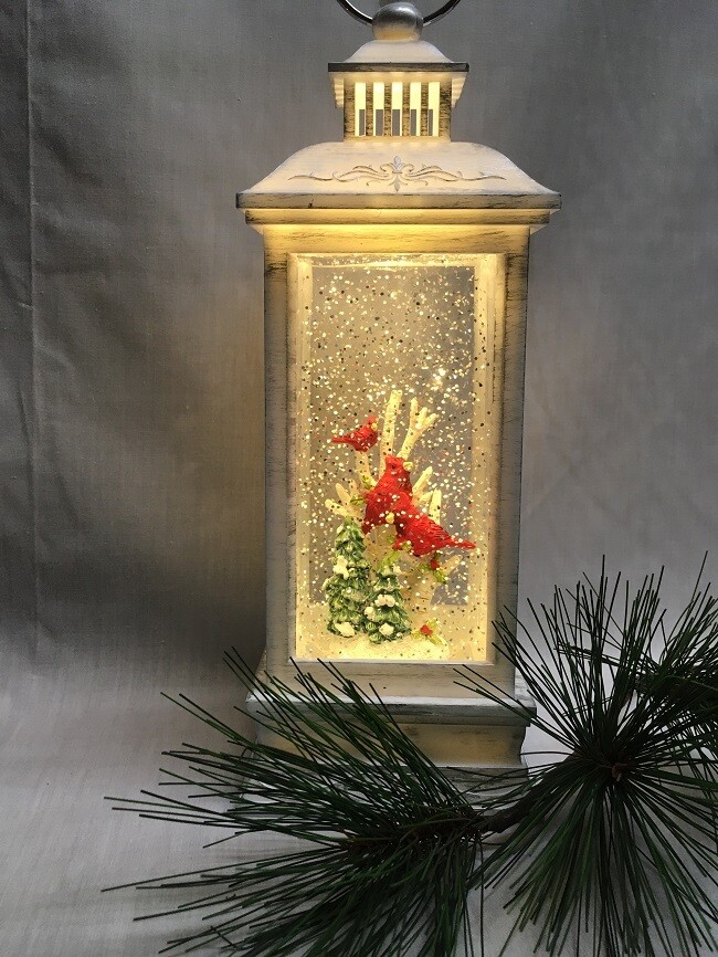 Water Lantern with Cardinals - White LED - Lights up and Blows glittering Snow