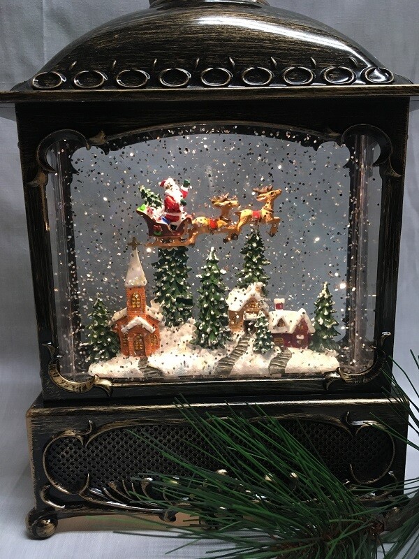 Water Lantern with Flying Santa Scene - Bronze LED with Timer - Lights up and Blows glittering Snow