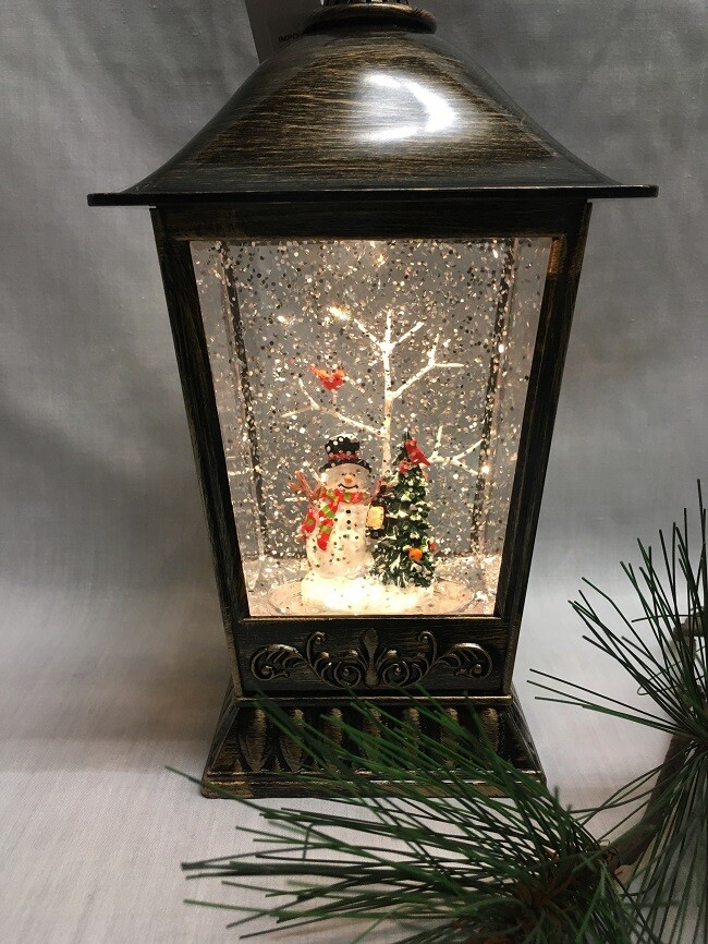 Water Lantern with Snowman and Christmas Tree - Bronze LED - Lights up and Blows glittering Snow