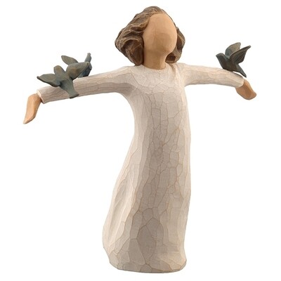 Willow Tree: Happiness - Girl with arms out holding  blue birds