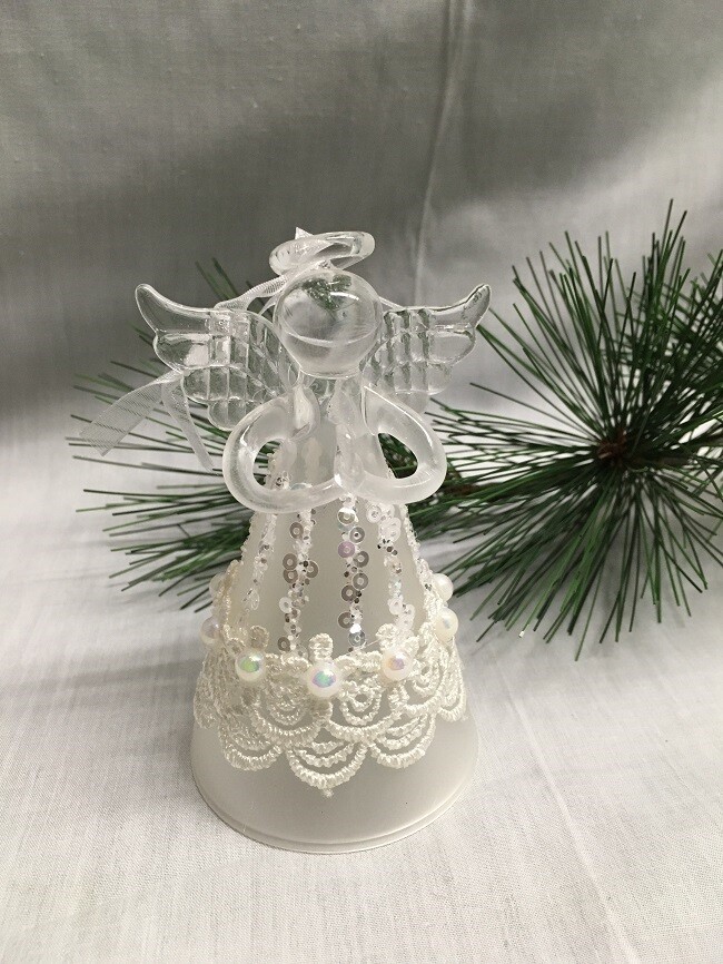 Glass Angel / Fairy Ornament - 4.5" - Frosted White with Lace and Beads