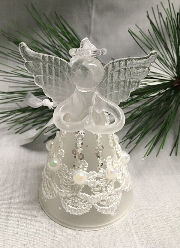 Glass Angel / Fairy Ornament - 3.5" - Frosted White with Lace and Beads