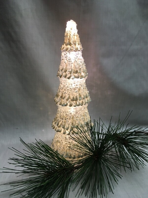 Glass Christmas Tree Decoration - 9.5 inches - Lights up - uses 3 AAA batteries