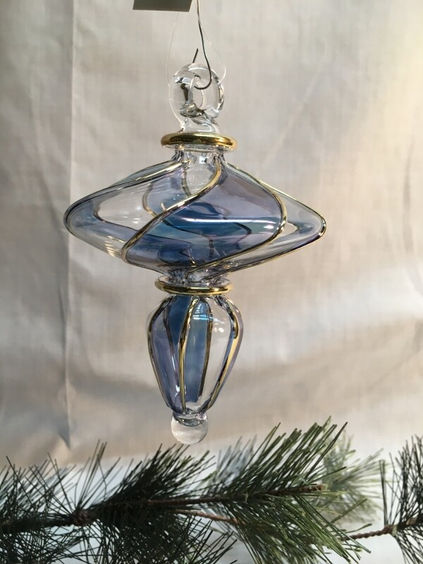 Egyptian Glass Christmas Ornament - Spinner with gold and blue stripes - handmade in Egypt