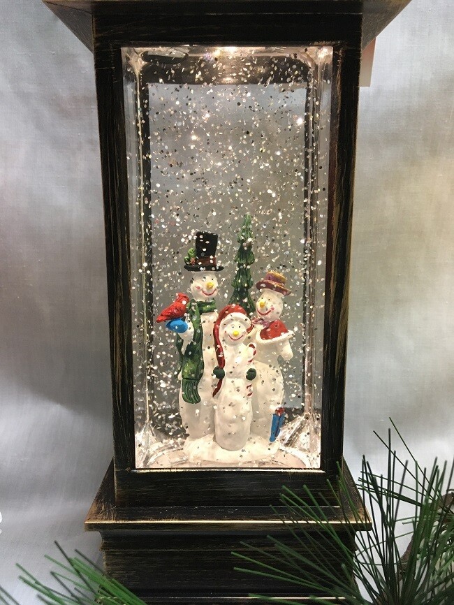 Water Lantern with Snowman Family - Bronze LED - Lights up and Blows glittering Snow