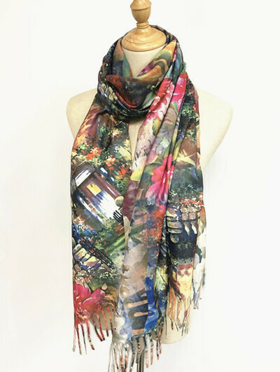 Oil Painting Scarf - soft feel wrap - House with Garden