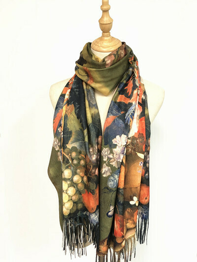 Oil Painting Scarf - soft feel wrap - Flowers and Fruit, Still Life