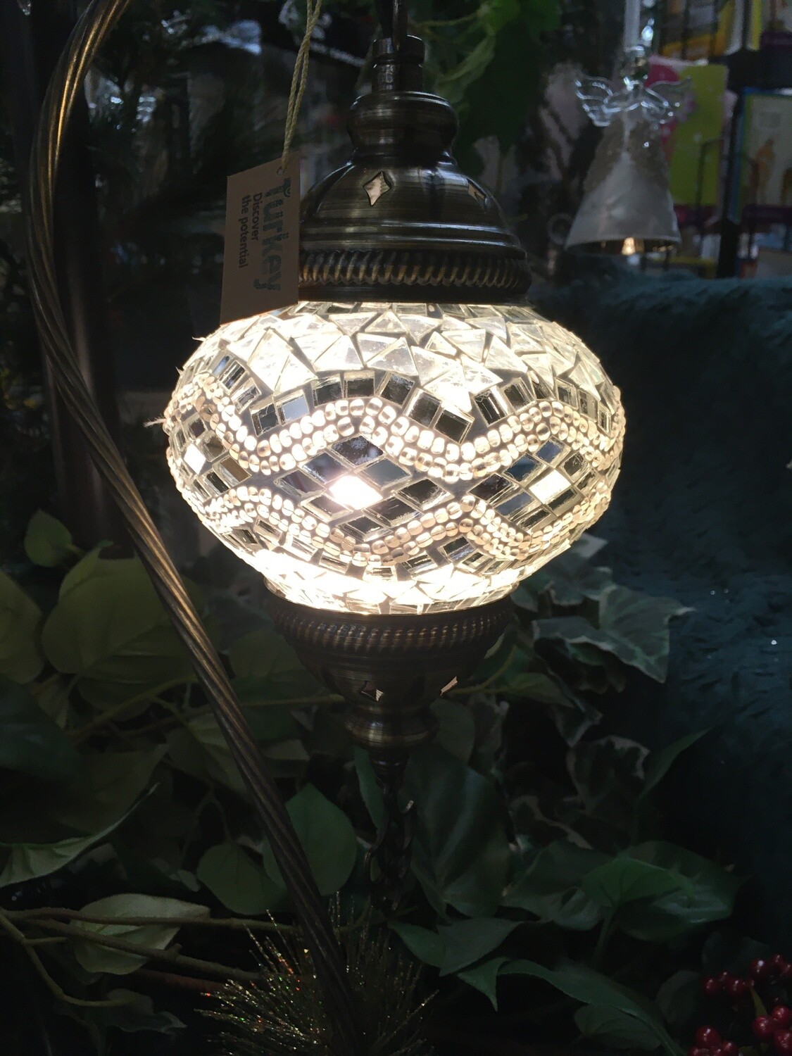 Mosaic Glass Table Lamp, White Silver Zig Zag pattern