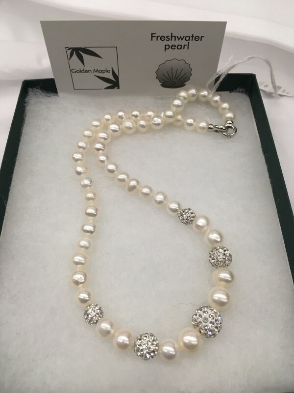 Freshwater Pearl Necklace with Crystal studded Beads -18 inch Single Strand, Graduated Size White Pearls