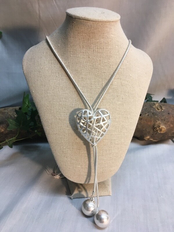Heart Necklace, "Caged" Heart Bead on double chain - 45 inches - Metal Fashion Jewellery
