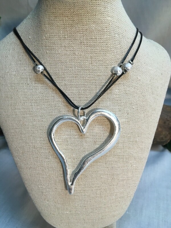 Heart Necklace on black cords - Matt Finish - 38 inch length - Metal Fashion Jewellery