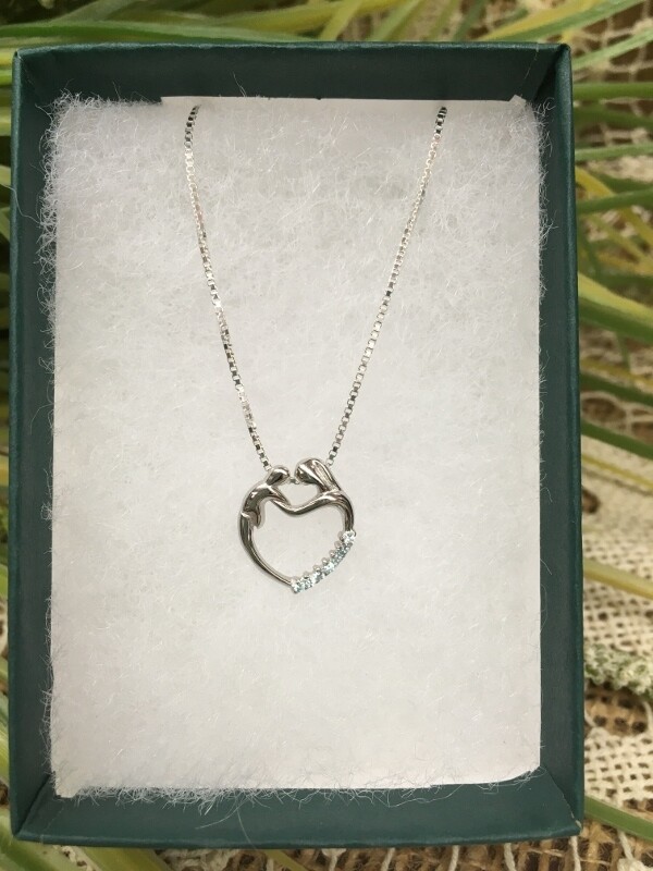 Birthstone Heart Necklace - C - March - Mother and Child Sterling Silver Pendant with Cubic Zirconian Stones and 18 inch chain